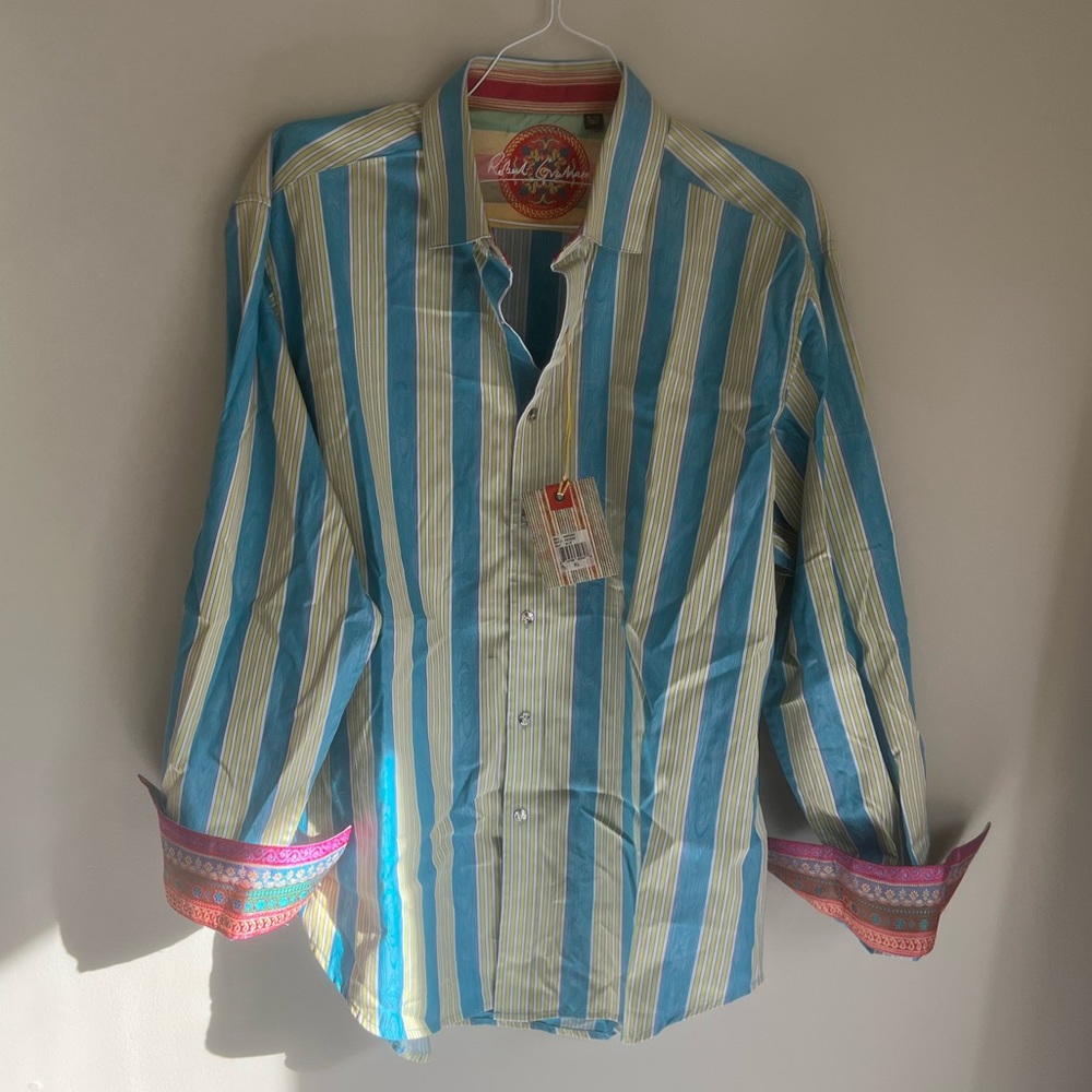 ROBERT GRAHAM Size-XL Blue/Green/White Stripes w/ Patterns Long Sleeve